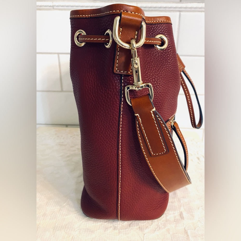 Dooney & Bourke Burgundy Pebbled Leather Drawstring Shoulder Bag with Tan Trim - Picture 5 of 16